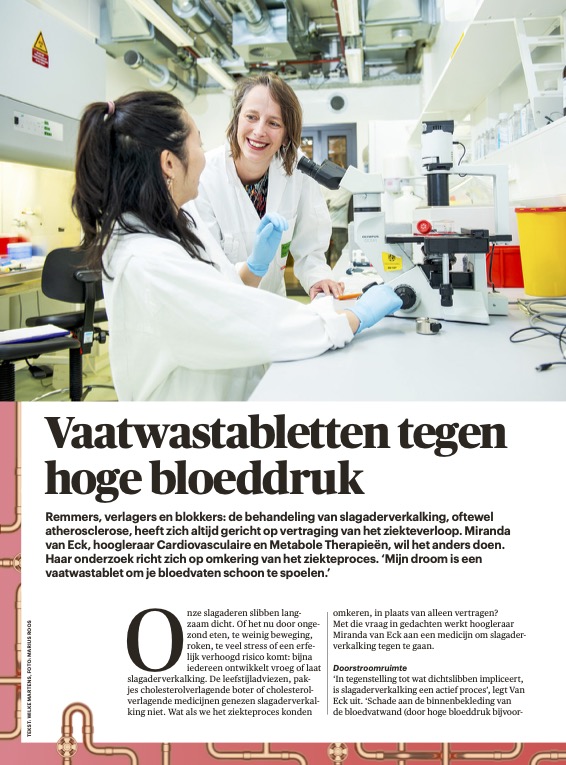 Een foto van het artikel met hoogleraar Miranda van Eck, die onderzoek doet naar de omkering van slagaderverkalking.
