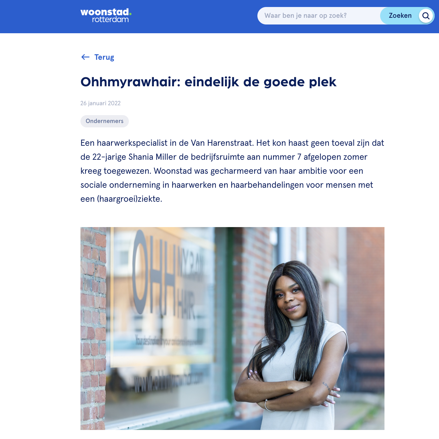 Afbeelding van het artikel over Ohhmyrawhair, de sociale onderneming aan de Van Harenstraat in een pand van Woonstad Rotterdam.