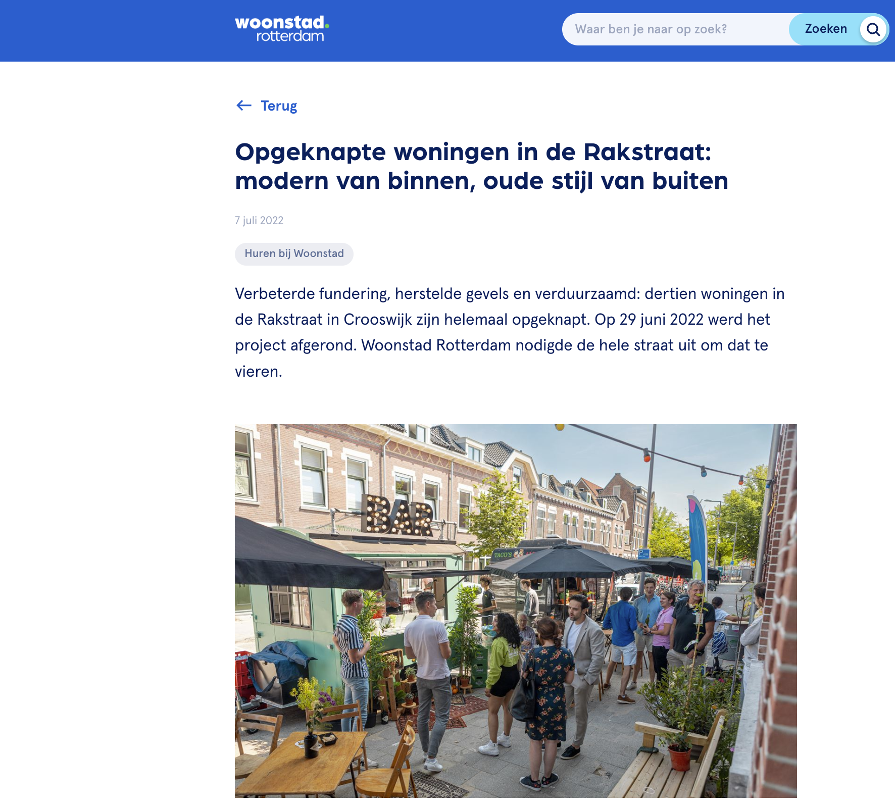 Afbeelding van het artikel over de oplevering van huurwoningen van Woonstad Rotterdam aan de Rakstraat in Rotterdam.