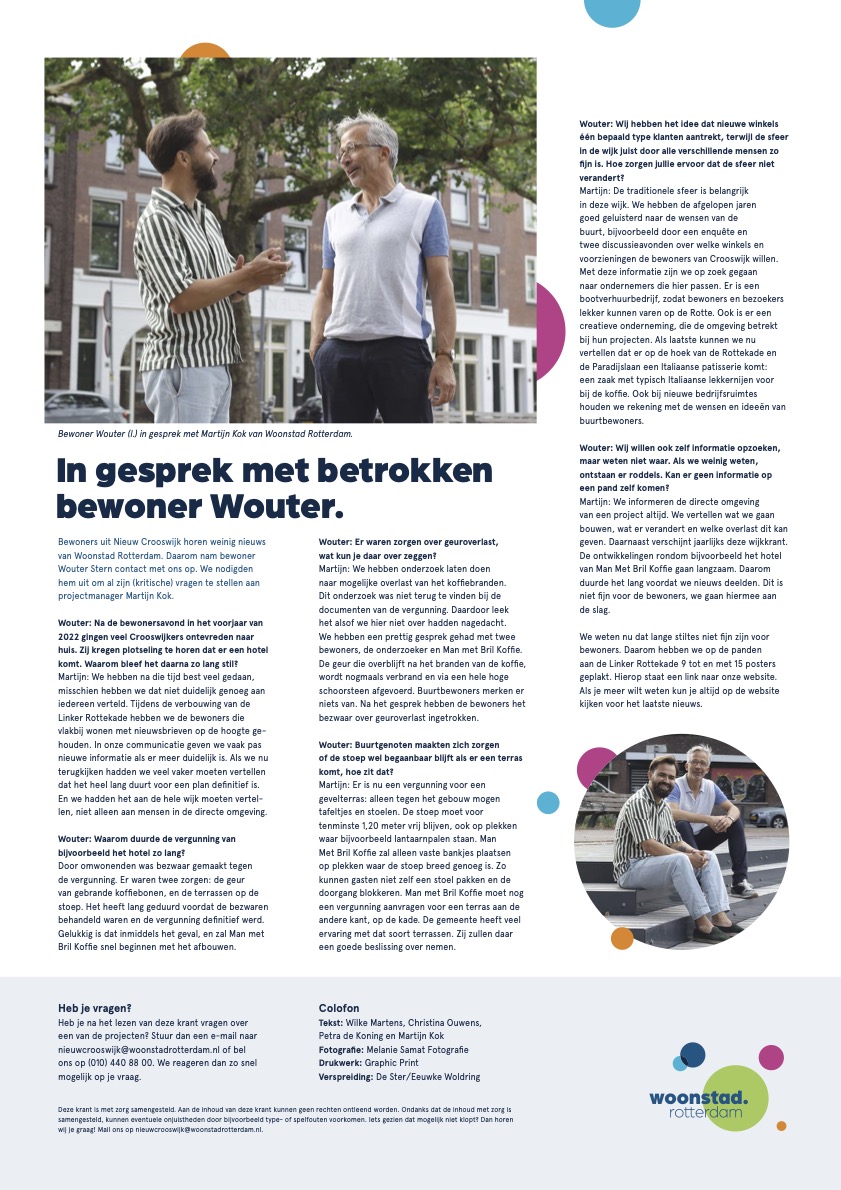 Afbeelding van het artikel over kritische bewoner Wouter in de buurtkrant van Woonstad Rotterdam.