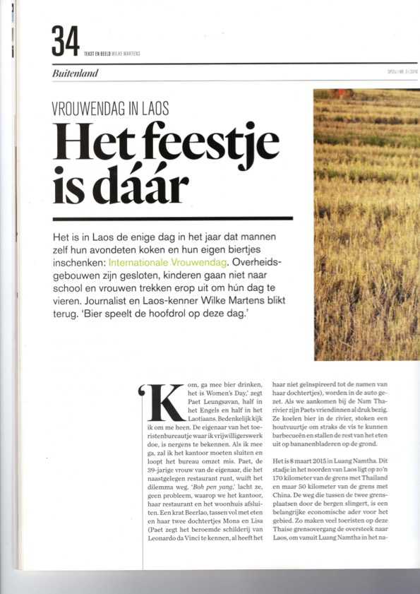 Een scan van Opzij, opengeslagen op het artikel 'Vrouwendag in Laos - het feestje is dáár'.